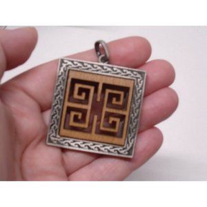 Frank Lloyd Wright Inspired Pendant Pewter & Wood Ennis House Brutalist Mayan